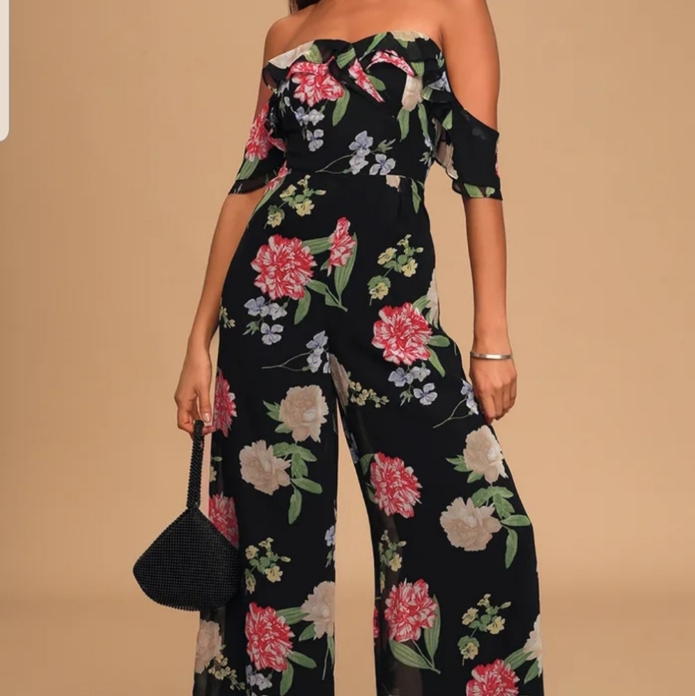 Black floral impressed off the shoulder jumpsuit - Picture 4 of 5